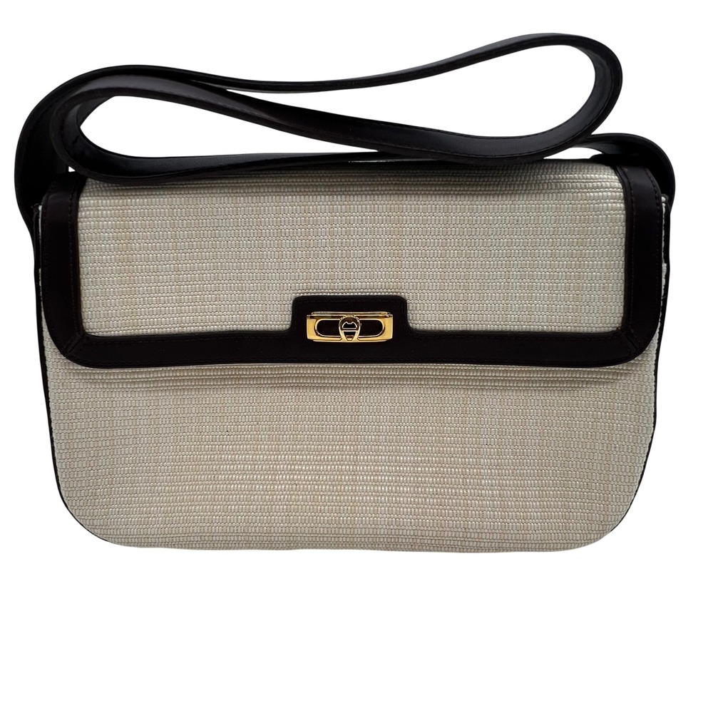 Etienne Aigner Shoulder Bag Small Cream Brown Woven Leather Turn-Lock VTG 80s